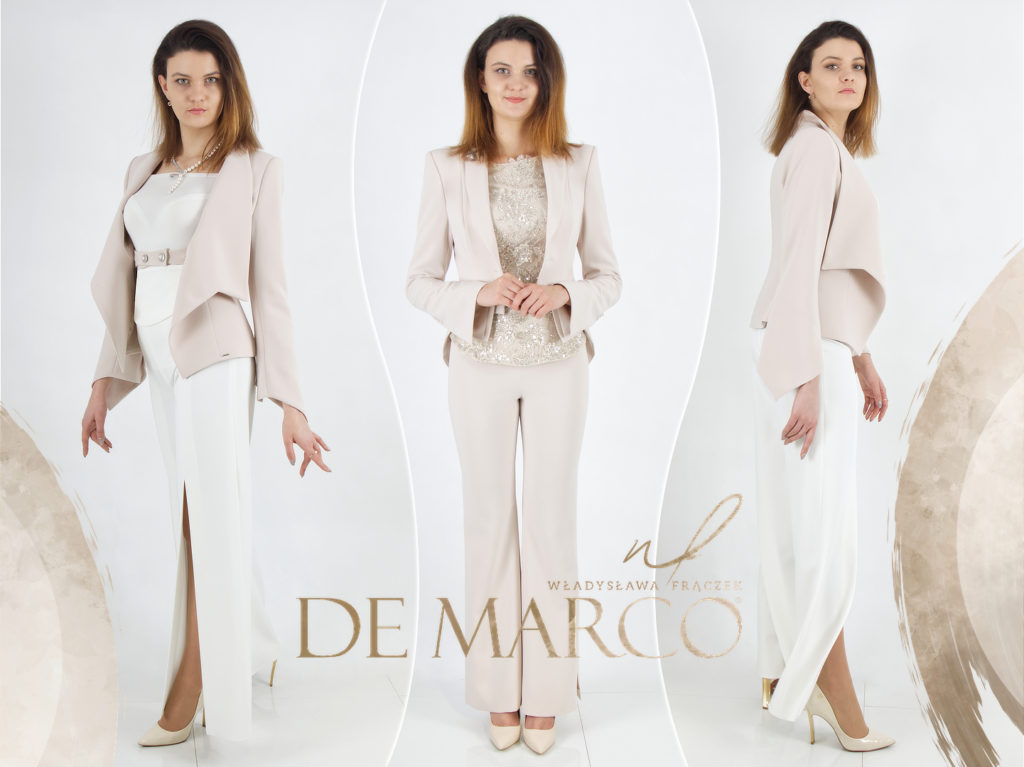 Ekskluzywne garnitury damskie szyte na miarę w Salonie Mody De Marco. Komplety ze spodnimi w kolorze nude, beżu